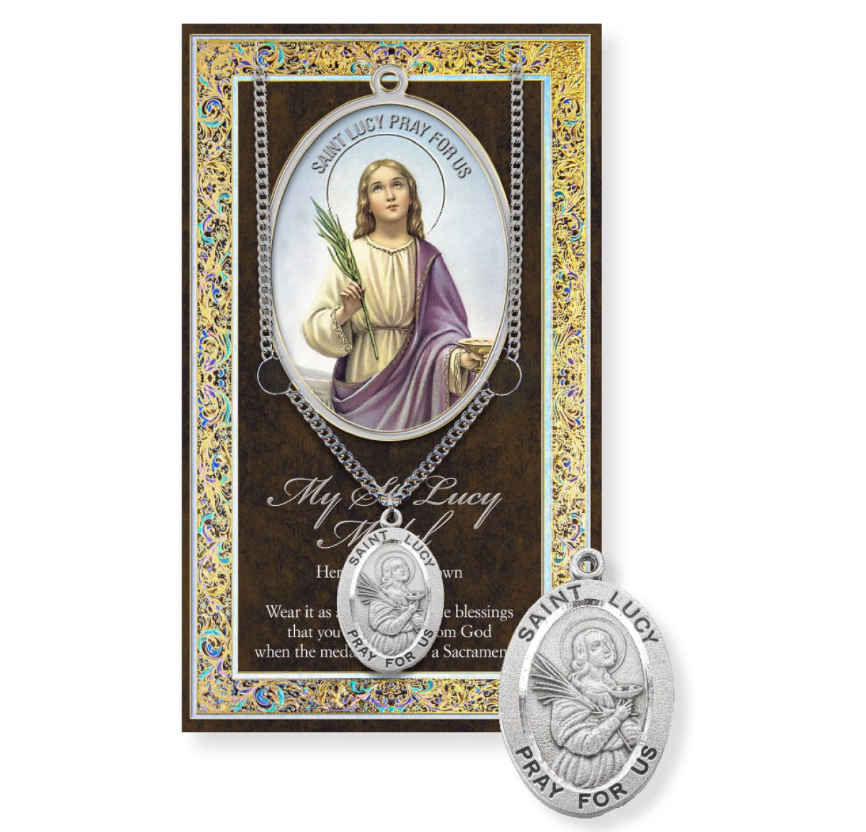 Saint Lucy Genuine Pewter Medal on a 18" Chain with Biography and Picture Folder