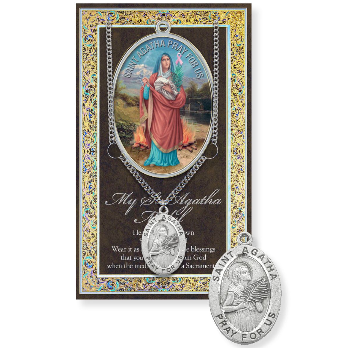 Saint Agatha Genuine Pewter Medal on a 18" Chain with Biography and Picture Folder