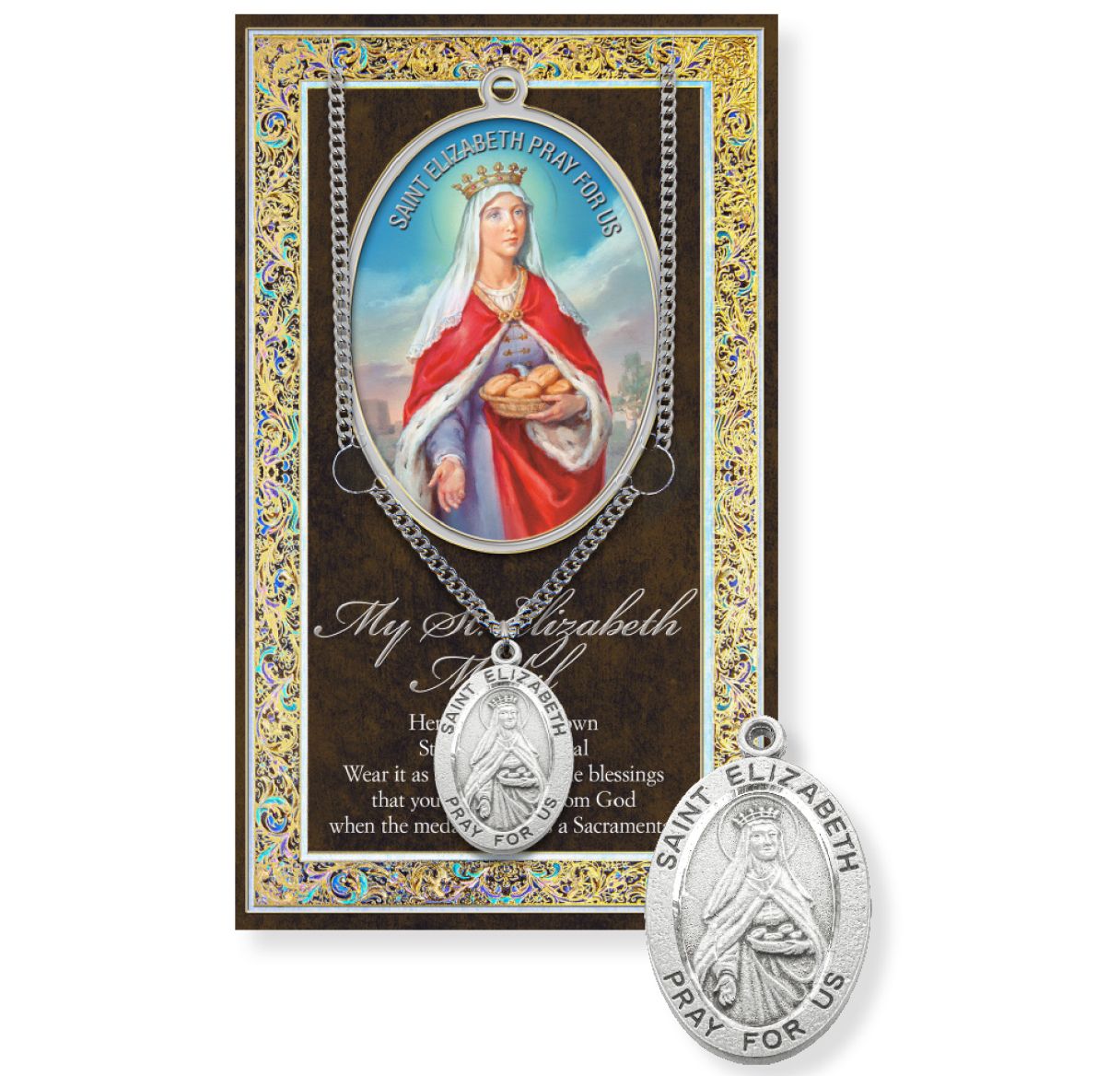 Saint Elizabeth Genuine Pewter Medal on a 18" Chain with Biography and Picture Folder