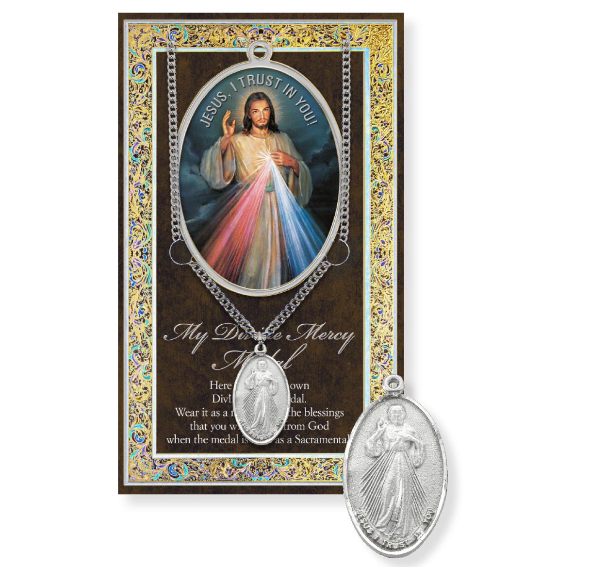 Divine Mercy Genuine Pewter Medal on a 24" Chain with Biography and Picture Folder