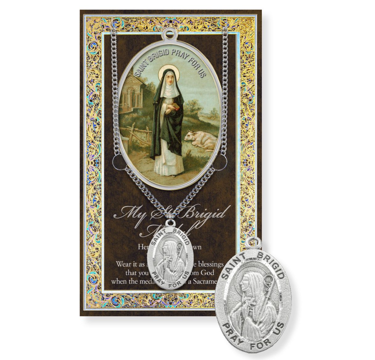 Saint Brigid Genuine Pewter Medal on a 18" Chain with Biography and Picture Folder