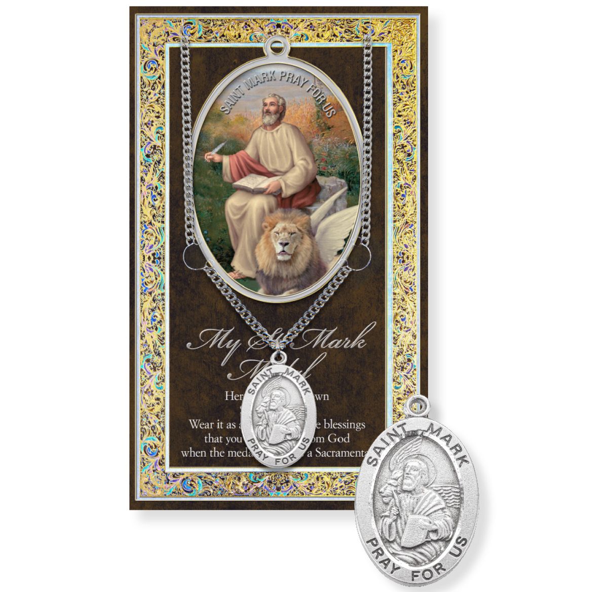 Saint Mark Genuine Pewter Medal on a 24" Chain with Biography and Picture Folder