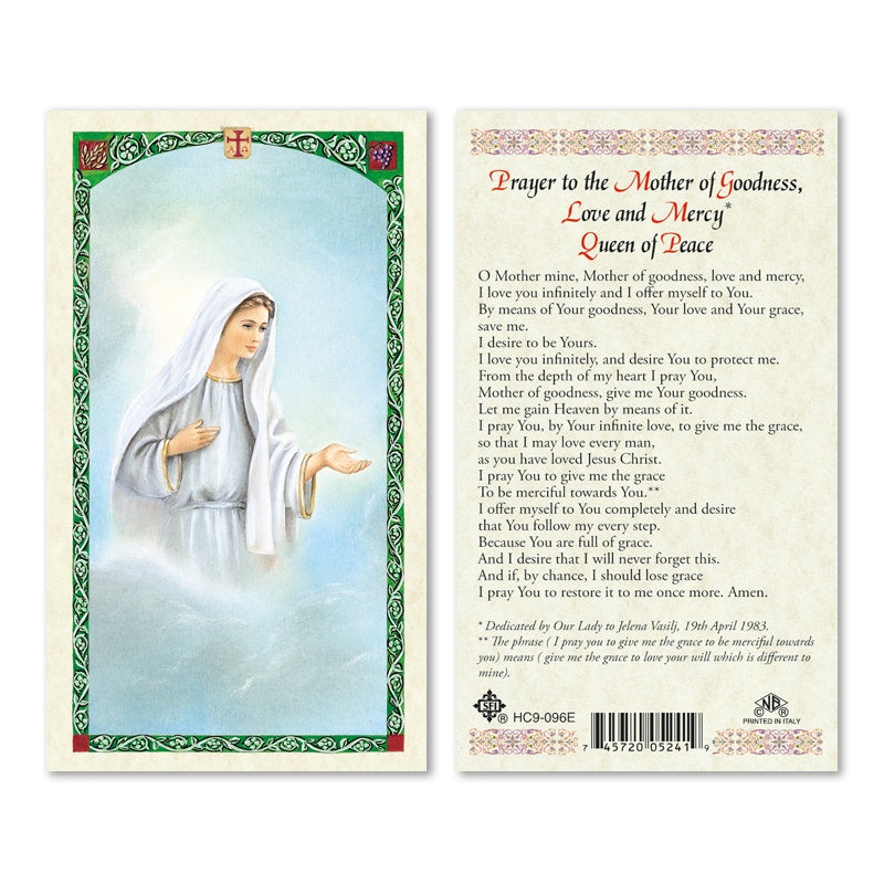 Prayer To The Mother Of Goodness, Love And Mercy Queen Of Peace Holy Card